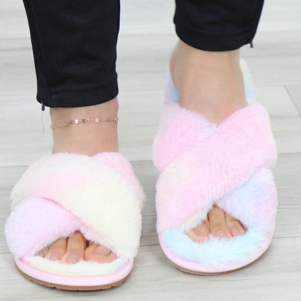 Tie Dye Fuzzy Plush Criss Cross Sandal Sliders - Picture 12 of 16